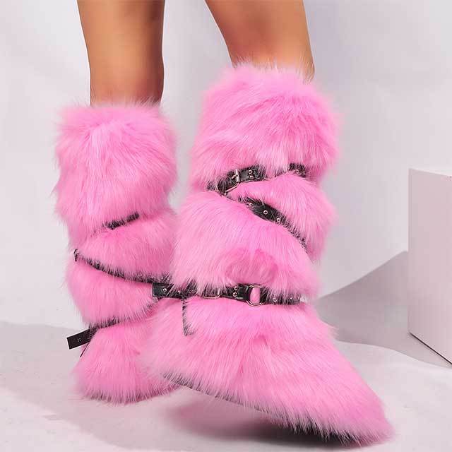 Cross Belt Buckle Warm Furry Knee High Boots