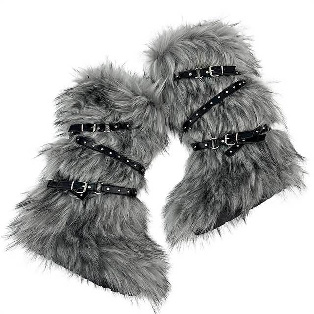 Cross Belt Buckle Warm Furry Knee High Boots