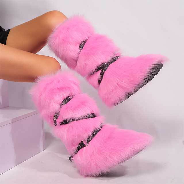 Cross Belt Buckle Warm Furry Knee High Boots