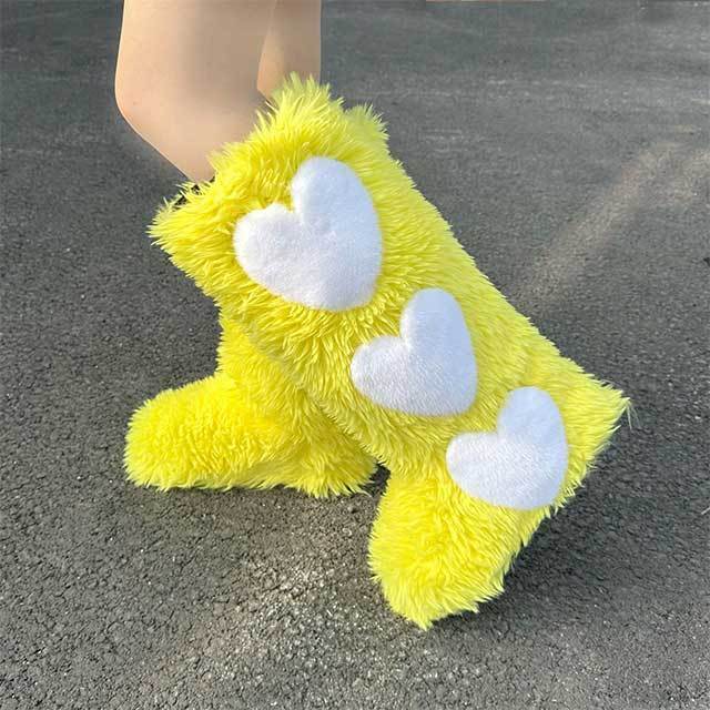 Heart Design Flat Fuzzy Boots