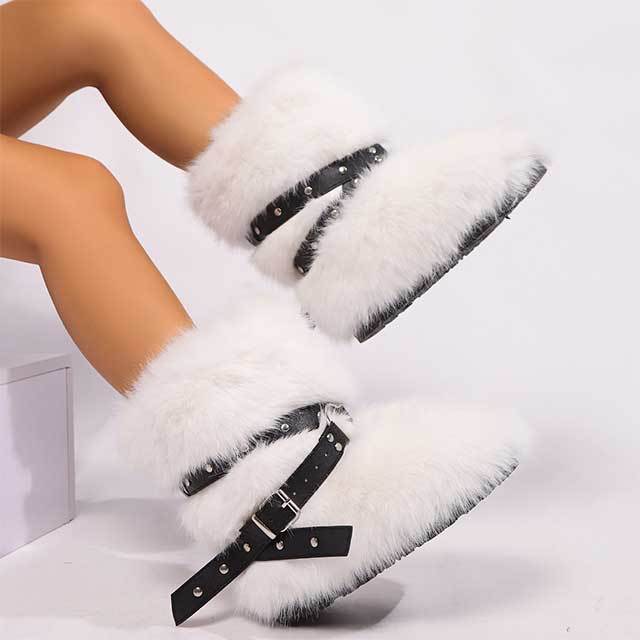 Cross Belt Buckle Furry Ankle Boots