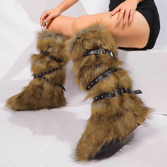 Cross Belt Buckle Warm Furry Knee High Boots