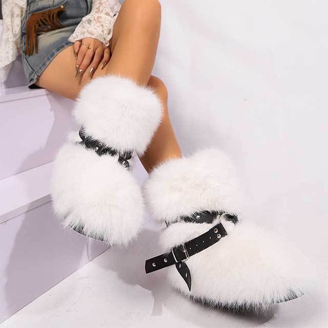 Cross Belt Buckle Furry Ankle Boots