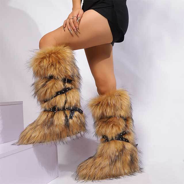 Cross Belt Buckle Warm Furry Knee High Boots
