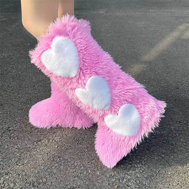 Heart Design Flat Fuzzy Boots
