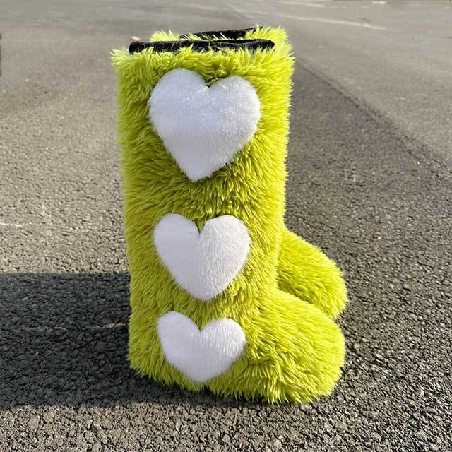 Heart Design Flat Fuzzy Boots