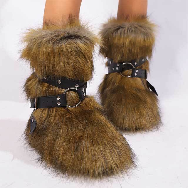 Cross Belt Buckle Furry Ankle Boots