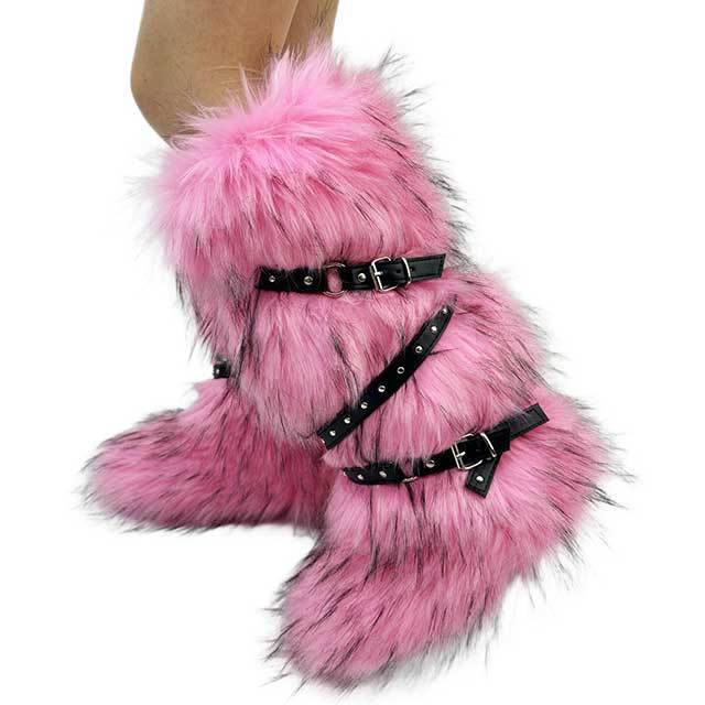 Cross Belt Buckle Warm Furry Knee High Boots