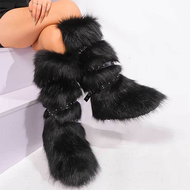 Cross Belt Buckle Warm Furry Knee High Boots