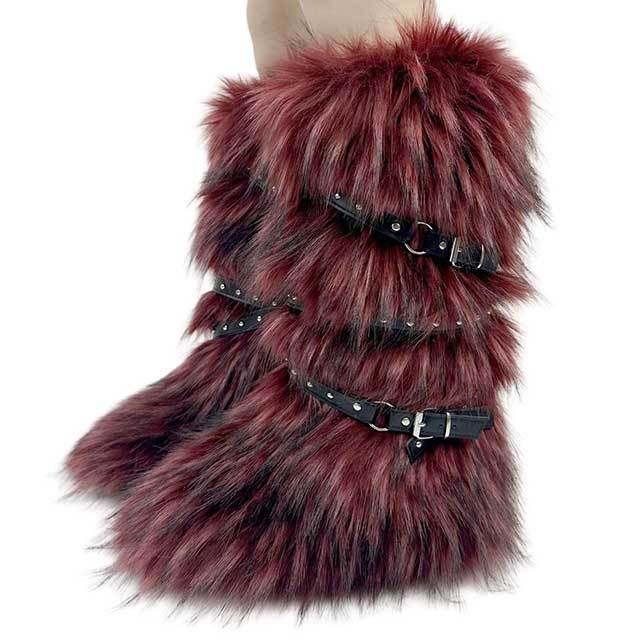 Cross Belt Buckle Warm Furry Knee High Boots