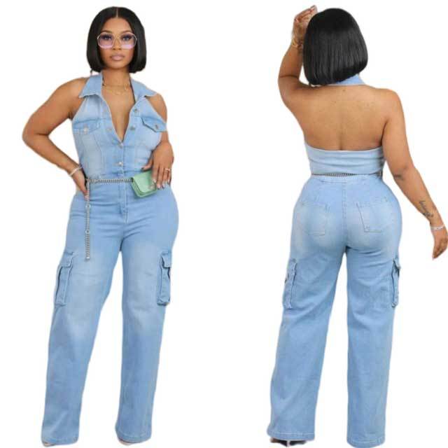 Denim Halter Casual Jumpsuit