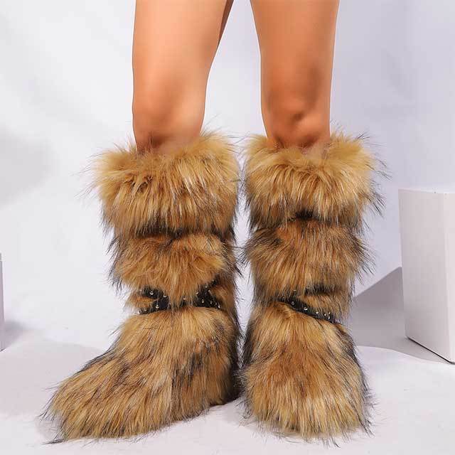 Cross Belt Buckle Warm Furry Knee High Boots