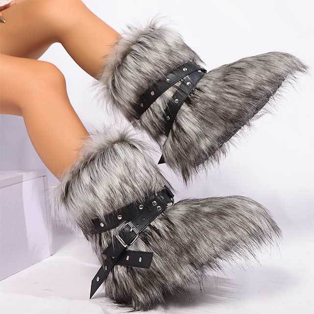Cross Belt Buckle Furry Ankle Boots