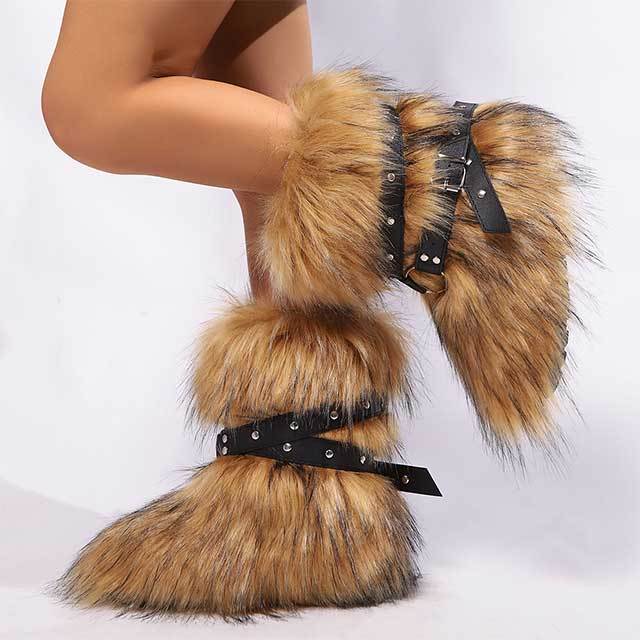 Cross Belt Buckle Furry Ankle Boots