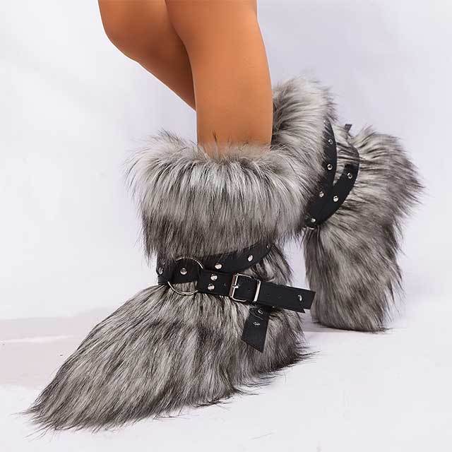 Cross Belt Buckle Furry Ankle Boots
