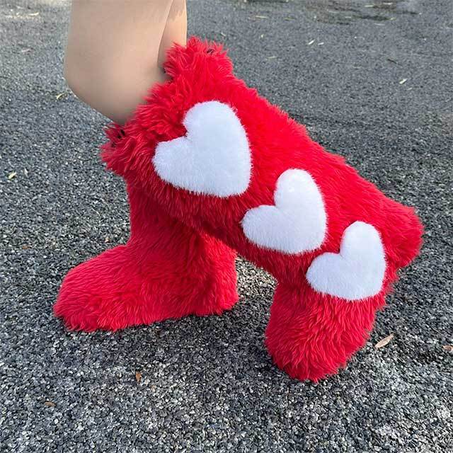 Heart Design Flat Fuzzy Boots