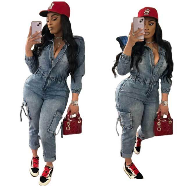 Denim Zipper Long Sleeve Cargo Jumpsuit