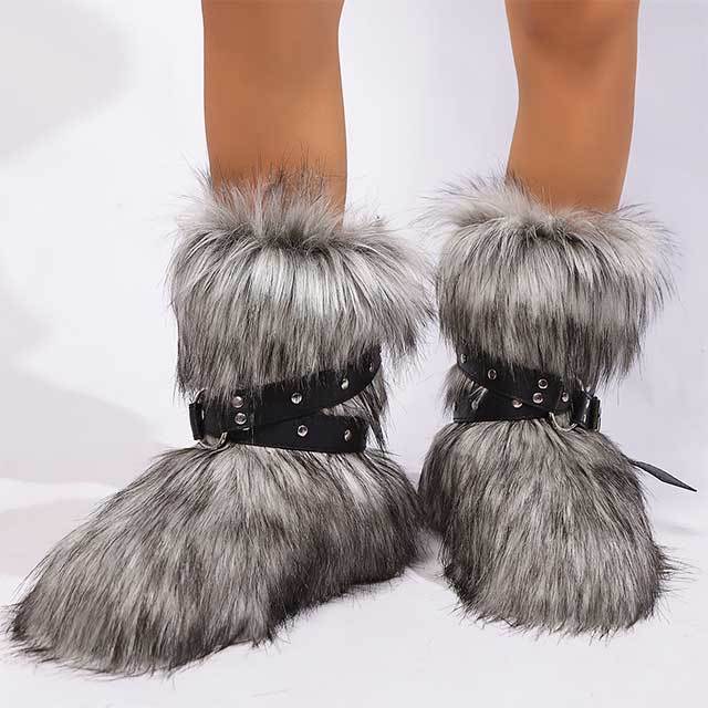 Cross Belt Buckle Furry Ankle Boots