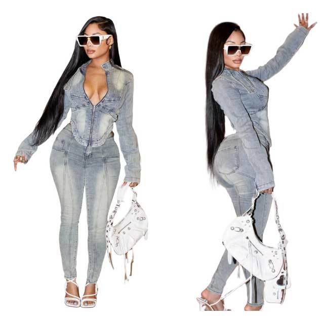 Denim Vintage Irregular Jacket Top Jeans Set
