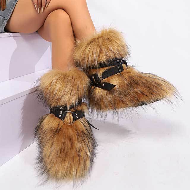 Cross Belt Buckle Furry Ankle Boots