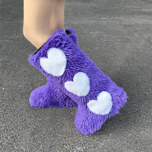 Heart Design Flat Fuzzy Boots