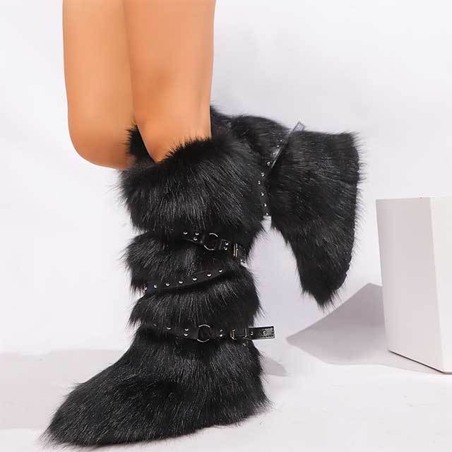 Cross Belt Buckle Warm Furry Knee High Boots