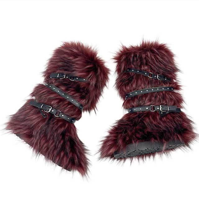 Cross Belt Buckle Warm Furry Knee High Boots