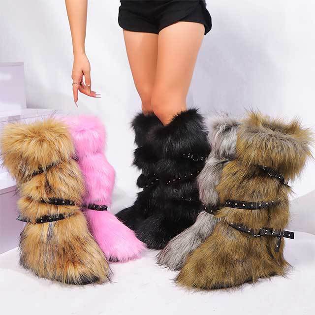Cross Belt Buckle Warm Furry Knee High Boots