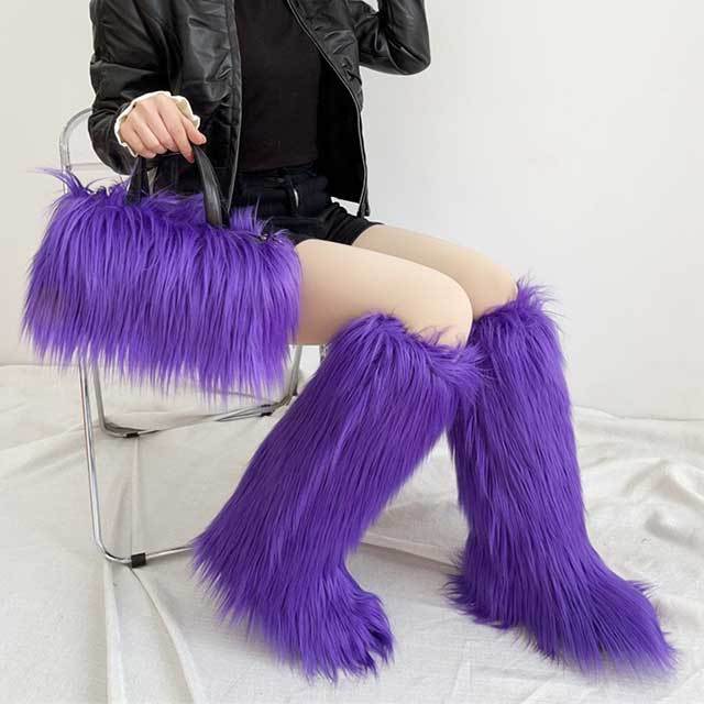 Winter Fashion Plush Faux Fur Long Boots Bag Set