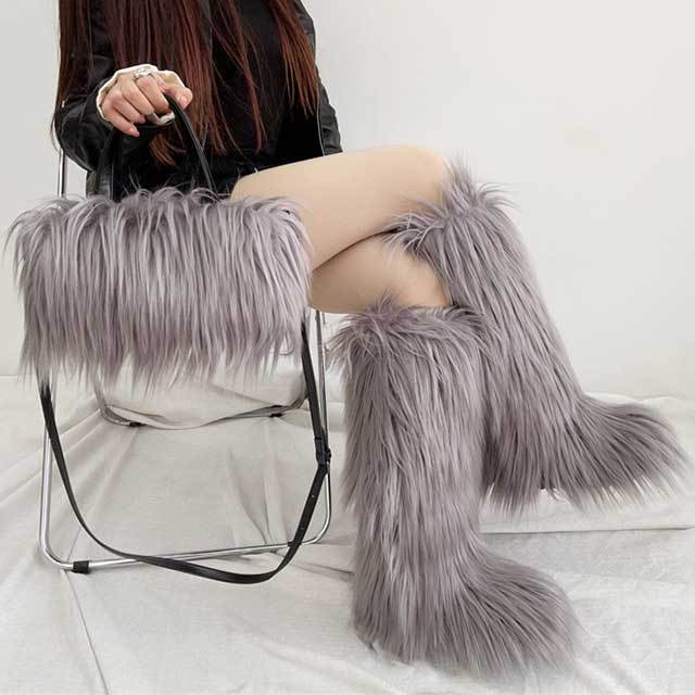 Winter Fashion Plush Faux Fur Long Boots Bag Set