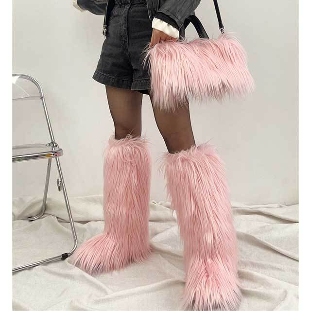 Winter Fashion Plush Faux Fur Long Boots Bag Set