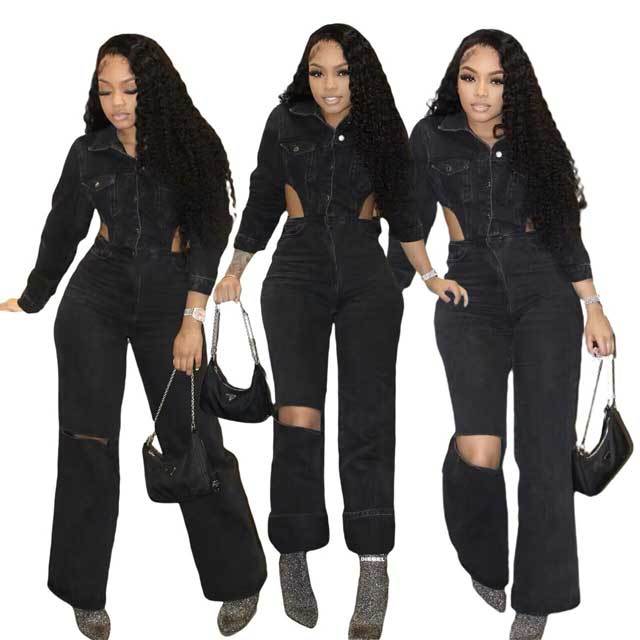 Denim Hollow Out Cargo Jumpsuit