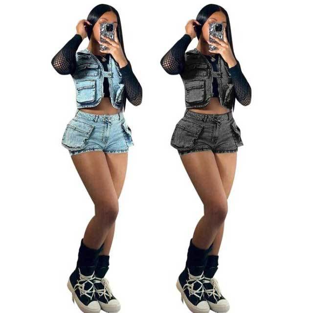 Multi Pockets Denim Cargo Shorts Set