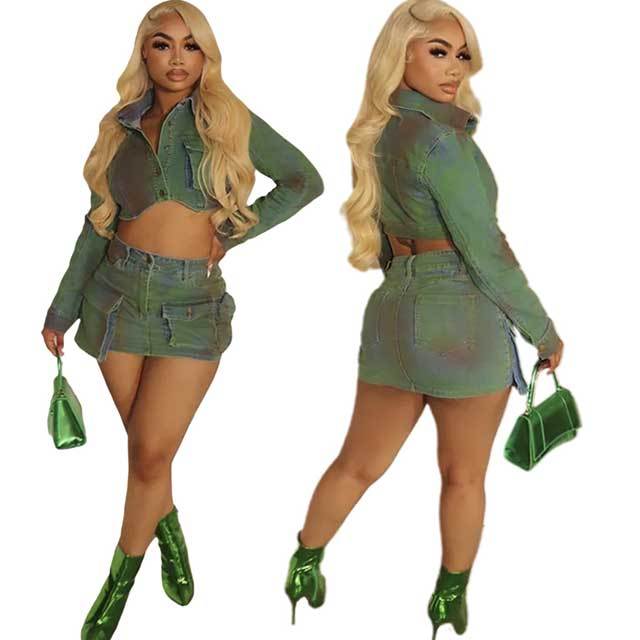 Denim Crop Jacket Cargo Skirt Set