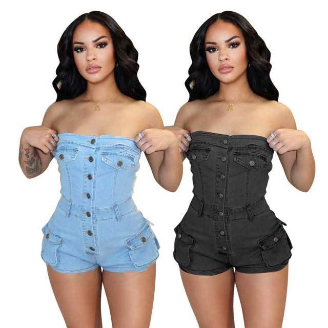 Denim Strapless Cargo Romper