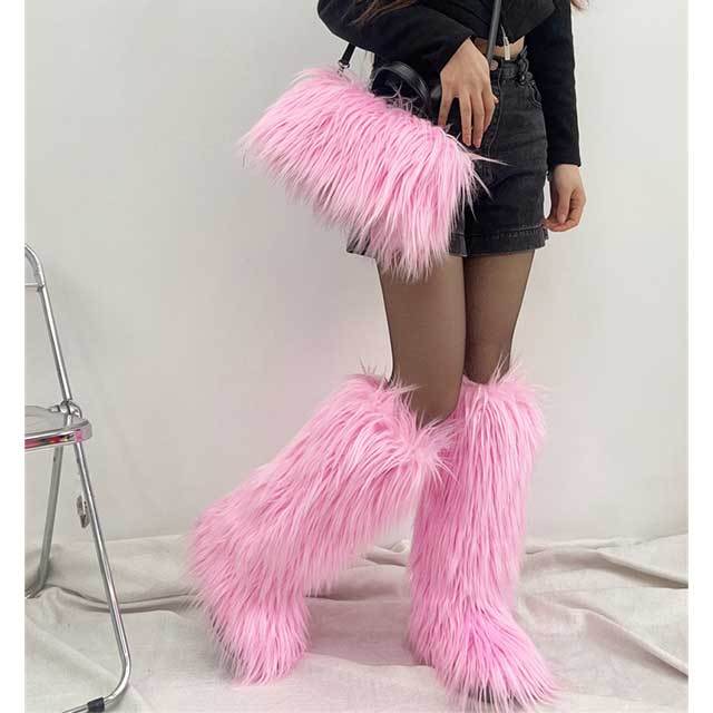 Winter Fashion Plush Faux Fur Long Boots Bag Set