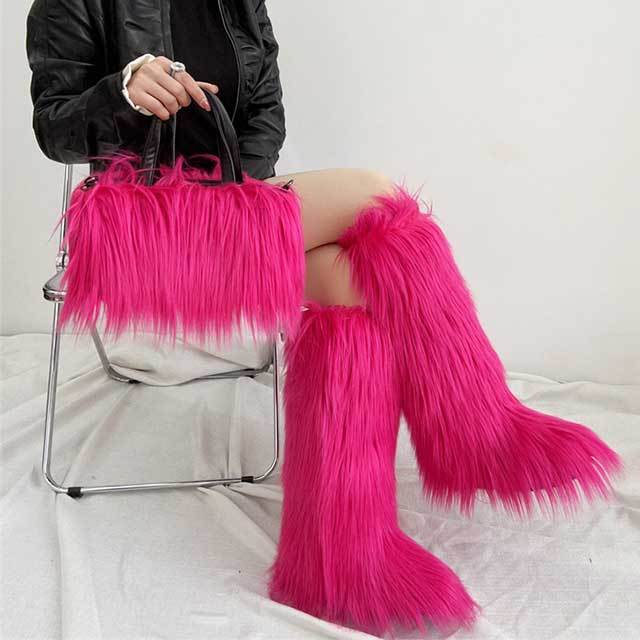 Winter Fashion Plush Faux Fur Long Boots Bag Set