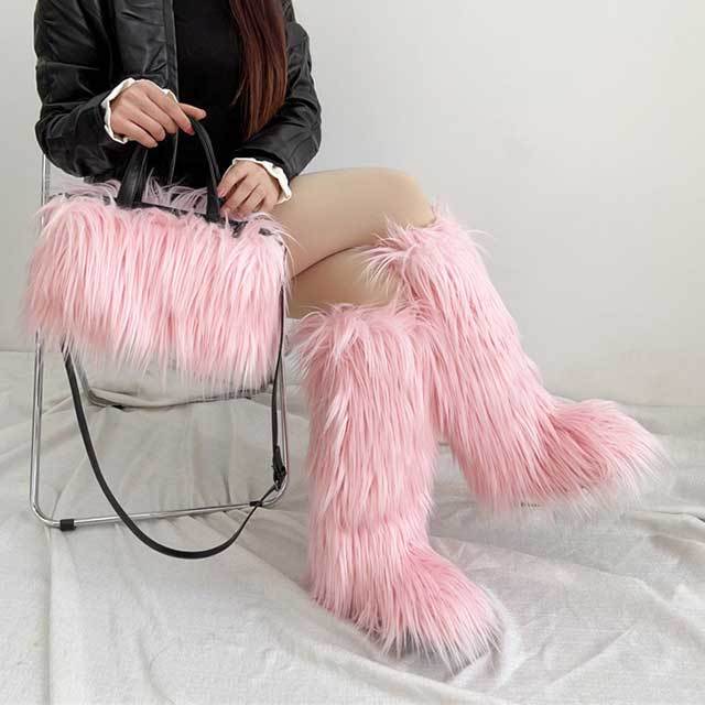 Winter Fashion Plush Faux Fur Long Boots Bag Set