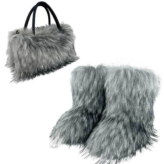Faux Fur Matching Boots And Bag Set