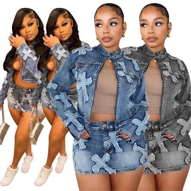 Embroidery Denim Jacket Top Skirt Set