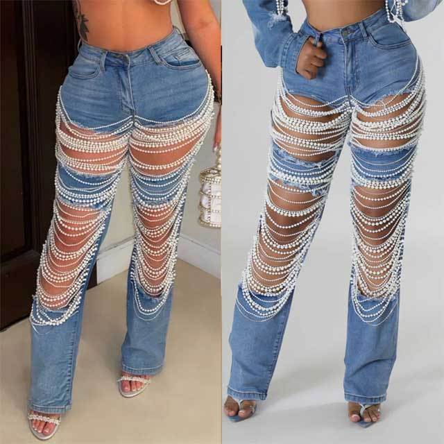 Pearl Chain Hollow Out Jeans