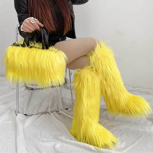 Winter Fashion Plush Faux Fur Long Boots Bag Set