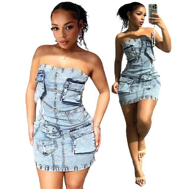 Strapless Denim 3D Dress
