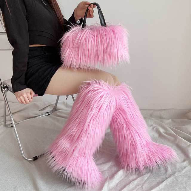 Winter Fashion Plush Faux Fur Long Boots Bag Set