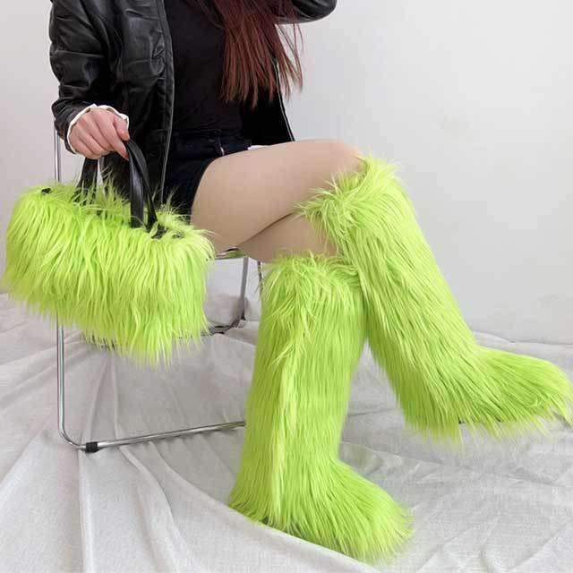 Winter Fashion Plush Faux Fur Long Boots Bag Set