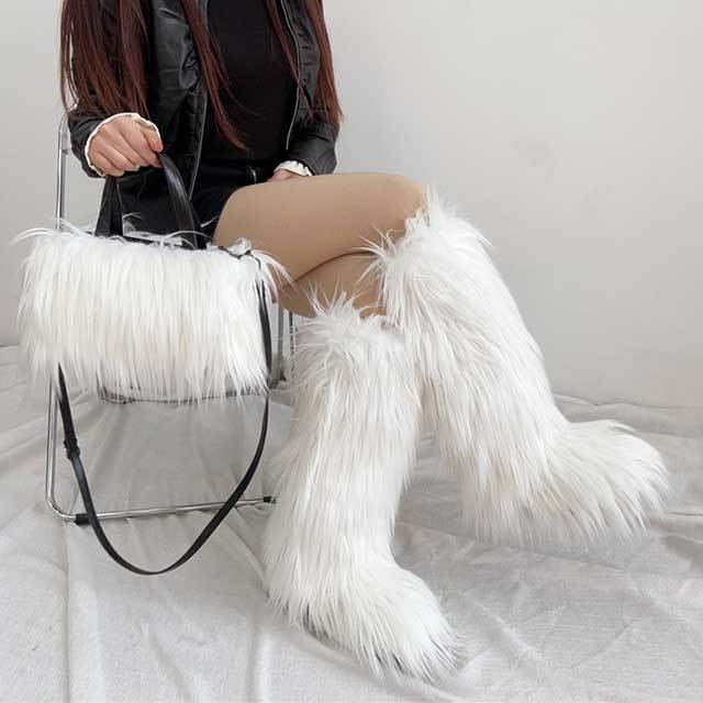 Winter Fashion Plush Faux Fur Long Boots Bag Set