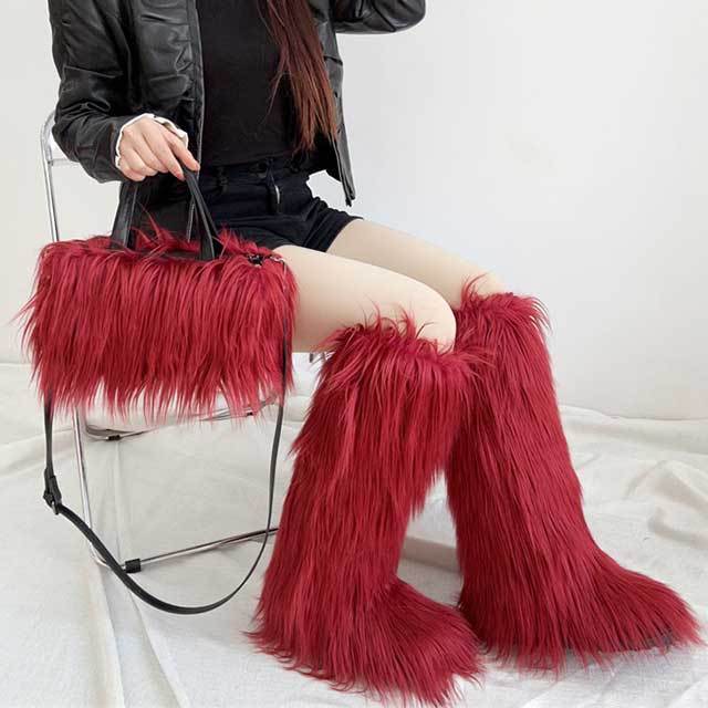 Winter Fashion Plush Faux Fur Long Boots Bag Set