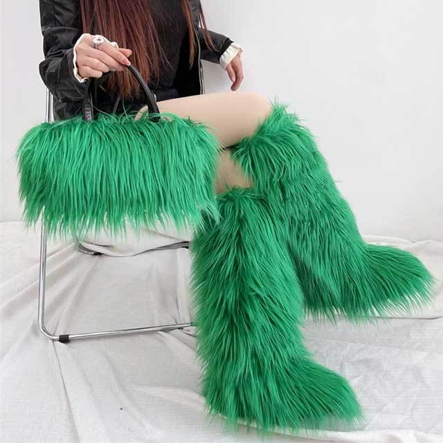 Winter Fashion Plush Faux Fur Long Boots Bag Set
