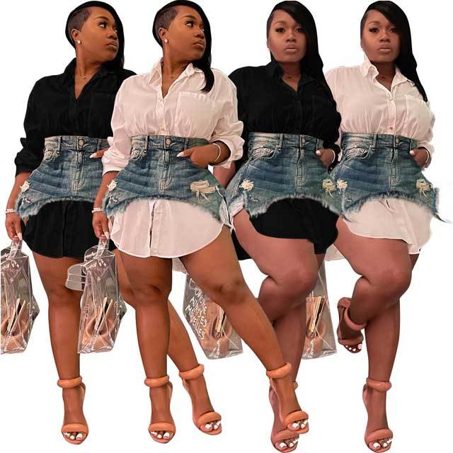 Basic Long Sleeve Shirt With Ripped Denim Skirt Set