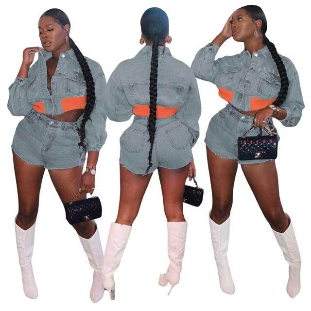 Denim Jacket Top Chain Hollow Out Short Set